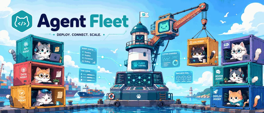 Agent Fleet のイラスト。Fleet Control と書かれた灯台のまわりで、コンテナの中のエージェントたちが働いている